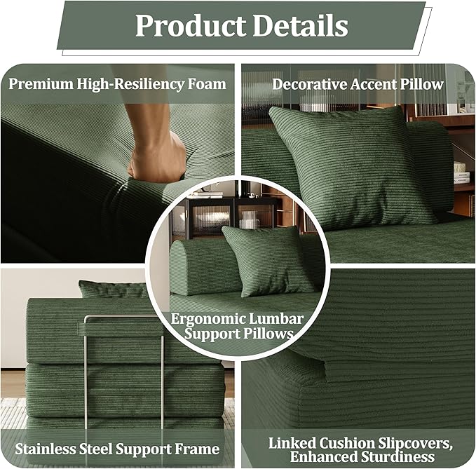 31.5'' Convertible Compressed Corduroy Folding Cloud Sofa Bed, Modern Boneless Pull Out Sleeper Sofa Couch in a Box, 3 in 1 Portable Lazy Floor Lounge Chair, for Small Space, Green, Pillow, Single