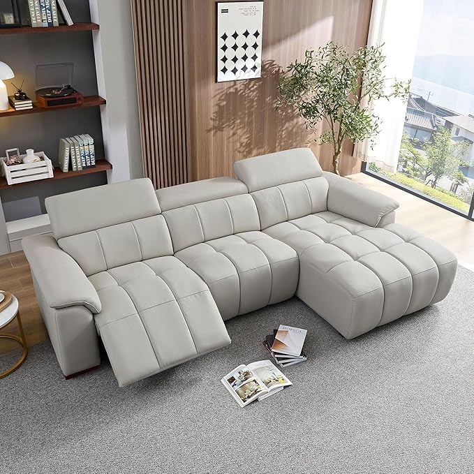 KEIKI 113" L-Shaped Genuine Leather Wall-Hugger Reclining Sofa with Right Chaise, Adjustable Backrest & Footrest, Modern Style Electric Control 3-Seater Couch with USB, for Living Room, Light Grey