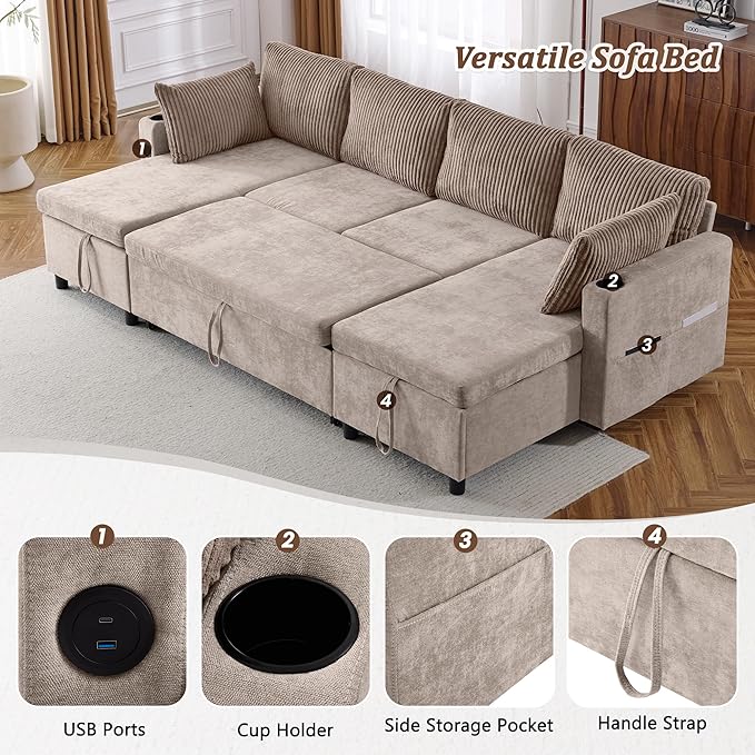 Ball & Cast 111.8" Upholstered Sectional Sleeper Sofa Bed, U Shaped Pull Out Couch with Storage Chaise,USB Ports and Two Cup Holders, for Living Room,Office, Apartment, Brown