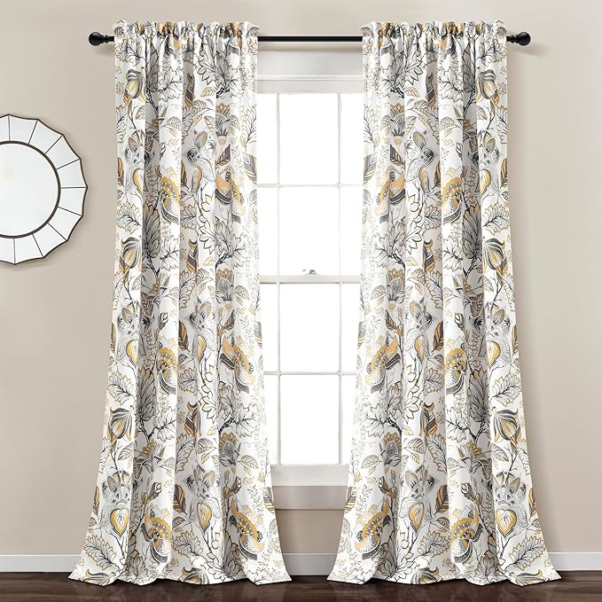 Lush Decor Cynthia Jacobean Light Filtering Window Curtain Panel Pair, 84" L x 52" W, Yellow & Gray