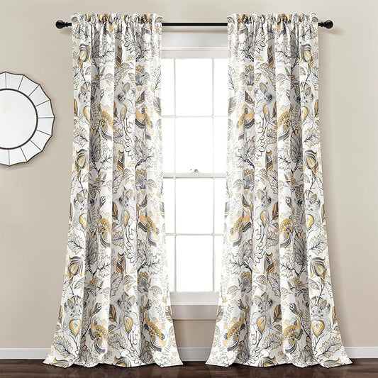 Lush Decor Cynthia Jacobean Light Filtering Window Curtain Panel Pair, 84" L x 52" W, Yellow & Gray