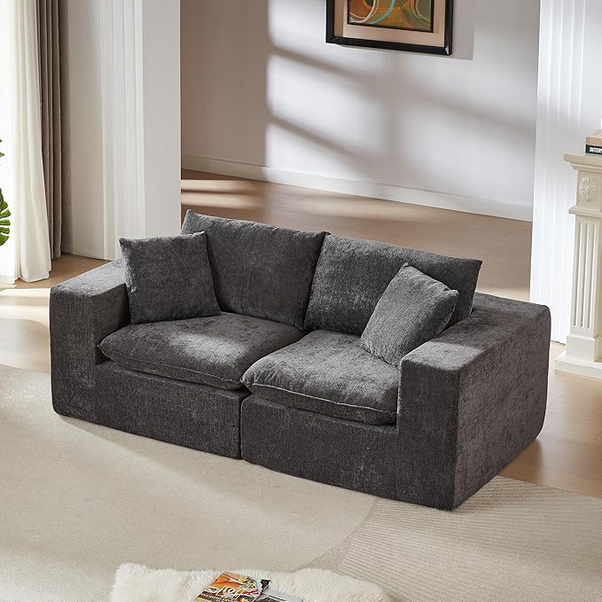 78-Inch Boneless Love Seat Couches in a Box, Modern 2 Seat Floor Modular Foam Cloud Sofa Chenille Loveseat Couch W/Wide Square Armrests for Home Apartments Bedroom