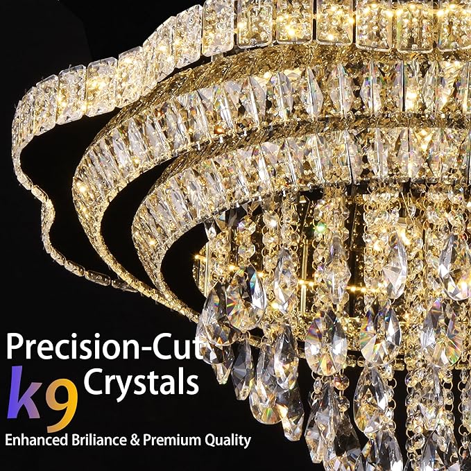 30" Gold Crystal LED Ceiling Light Fixture with Remote Control,Large Flush Mount Chandelier with 3-Color Dimmable for Living Room Bedroom Dining Room
