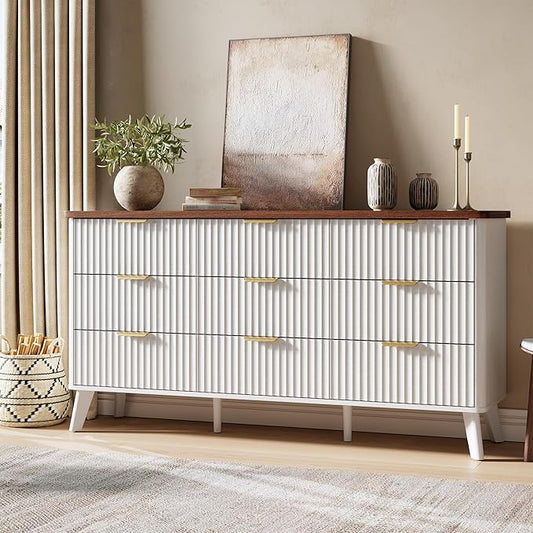 Garvee 9 Drawers Dresser for Bedroom, 60.6" Wide Dressers with Curved Profile Design, Fluted Wood Drawers with Gold Handle, Modern Chest of Dressers with Thickened Design for Living Room, White