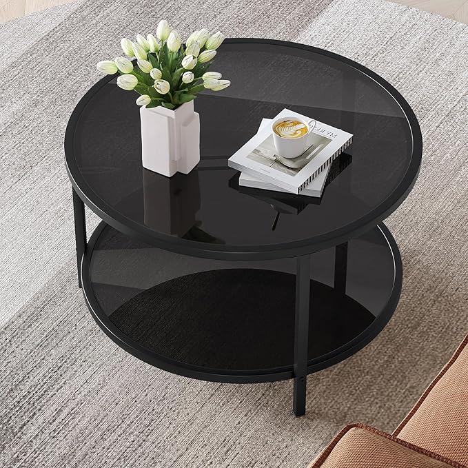 SAYGOER 27.6'' Round Coffee Table 2 Tier Black Glass Coffee Tables with Storage Shelf for Large or Small Space Modern Simple Sofa Table for Living Room Home Office, Easy Assembly…