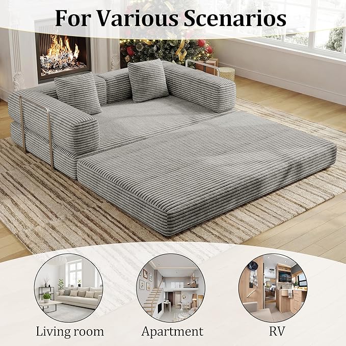 BSHOMGI 4 in 1 Futon Sofa Bed Queen Size - Foldable Convertible Sleeper Sofa Couch with L-Shaped Armrests Space Saving Floor Mattress for Bedroom & Dorm(Light Gray, 59” 2 Seat)