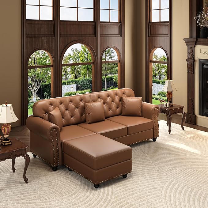 KEIKI 83" Faux Leather Chesterfield Sofa with Rolled Arms & Nailhead Trim & 2 Ottoman, 3-Seater Button Tufted Couch with High Resilience Cushion & 3 Pillow, Easy Assembly, for Living Room, Brown
