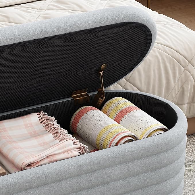 Ball & Cast Storage Ottoman Bench, 40" Chenille Upholstered Storage Bench for Bedroom End of Bed,Oval Ottoman with Storage,Entryway Bench with Safty Hinges for Living Room,Light Grey