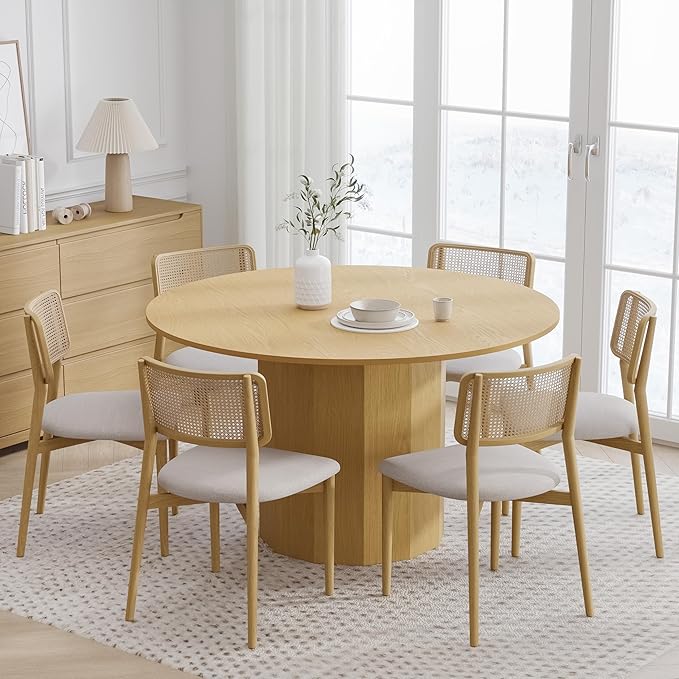 Casaphoria 52" Round Dining Table, Modern Wood Kitchen Table with Cylinder Polygonal Base for Living Room & Dining Room, Easy Assembly Farmhouse Furniture for 4-6, Oak