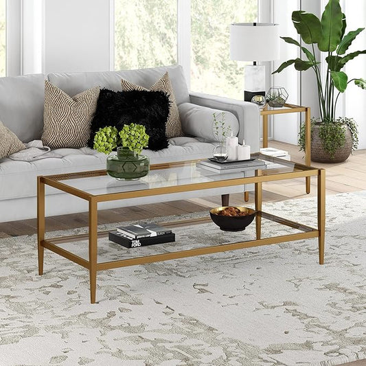 Henn&Hart 45" Wide Rectangular Coffee Table with Glass Shelf in Antique Brass, Coffee Table coffee tables for living room, studio apartment essentials
