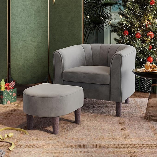 LINSY Accent Chair with Ottoman, Modern Armchair Comfy Barrel Reading Chair with Footrest for Living Room Bedroom Reading Room, Velvet, Light Grey