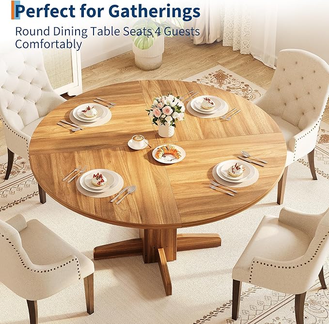 IDEALHOUSE Round Dining Table for 4-6 People, 47" Wood Kitchen Table with Sturdy Pedestal Base, Farmhouse Circle Dinner Tables for Dining Room, Living Room, Apartment, Walnut