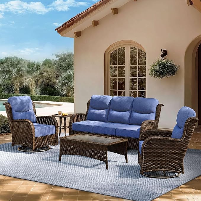 High Back Outdoor Furniture with Extra Thick Cushion Patio Swivel Rocking Chairs, Comfort 3-Seat Sofa, 5PCS Oversized Wicker Conversation Set for Porch, Deck, Yard in Blue
