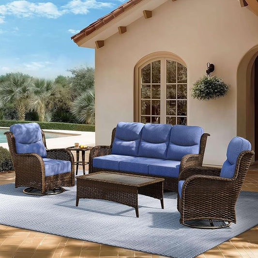 High Back Outdoor Furniture with Extra Thick Cushion Patio Swivel Rocking Chairs, Comfort 3-Seat Sofa, 5PCS Oversized Wicker Conversation Set for Porch, Deck, Yard in Blue