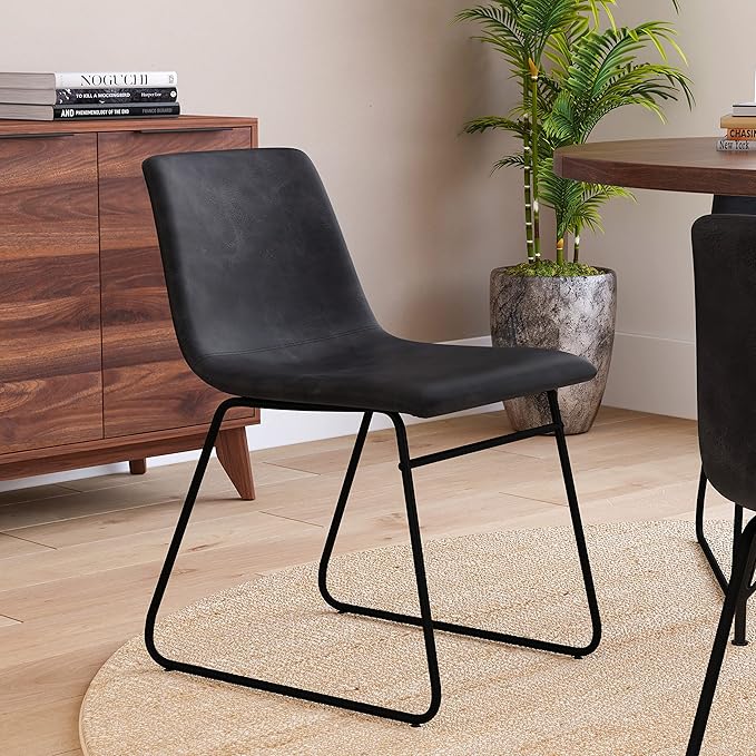 Taylor & Logan Butler 18 inch Dining Table Height Chair, Mid-Back Sled Base Dining Chair in Dark Gray Faux Leather with Black Frame, Set of 2