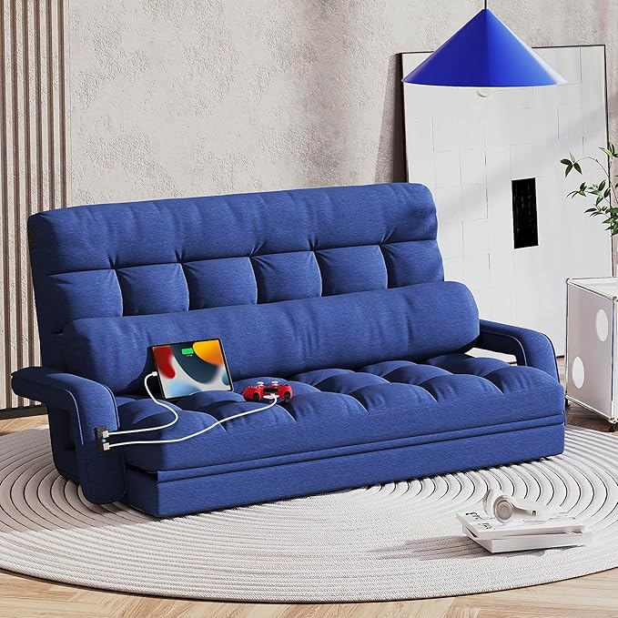 STHOUYN Comfy Bedroom Chair with 2 USB Charging Ports, 5-Position Floor Couch Gaming Chairs for Adults, Lounge Chair Indoor Folding Lazy Sofa Meditation Arm Dorm Chair Living Room (Navy Blue)