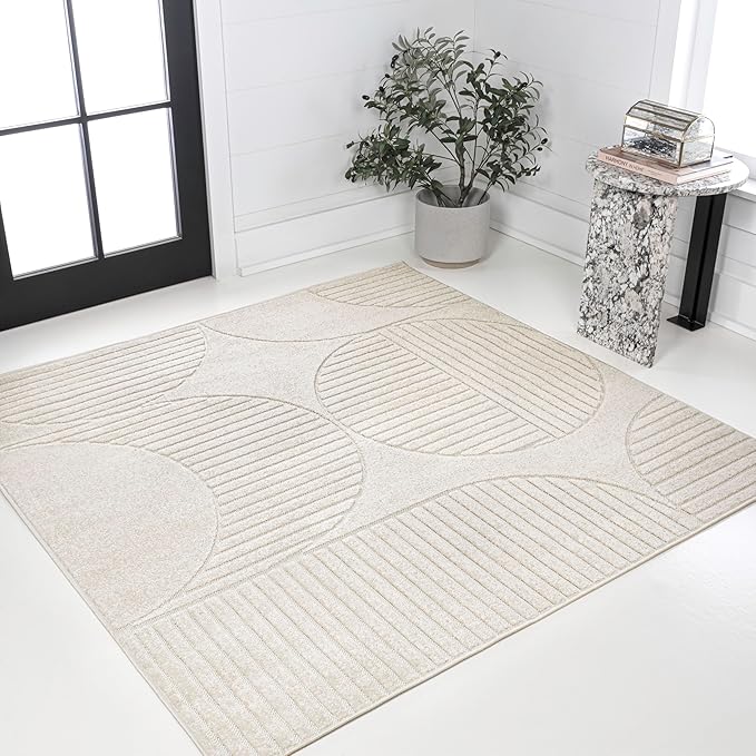 JONATHAN Y Nordby High-Low Arch Striped Ivory/Cream 6x6 Square Indoor/Outdoor Area Rug, Pet Friendly, Non-Shedding, Stain Resistant, Easy-Cleaning for Backyard, Patio (SCN104B-6SQ)
