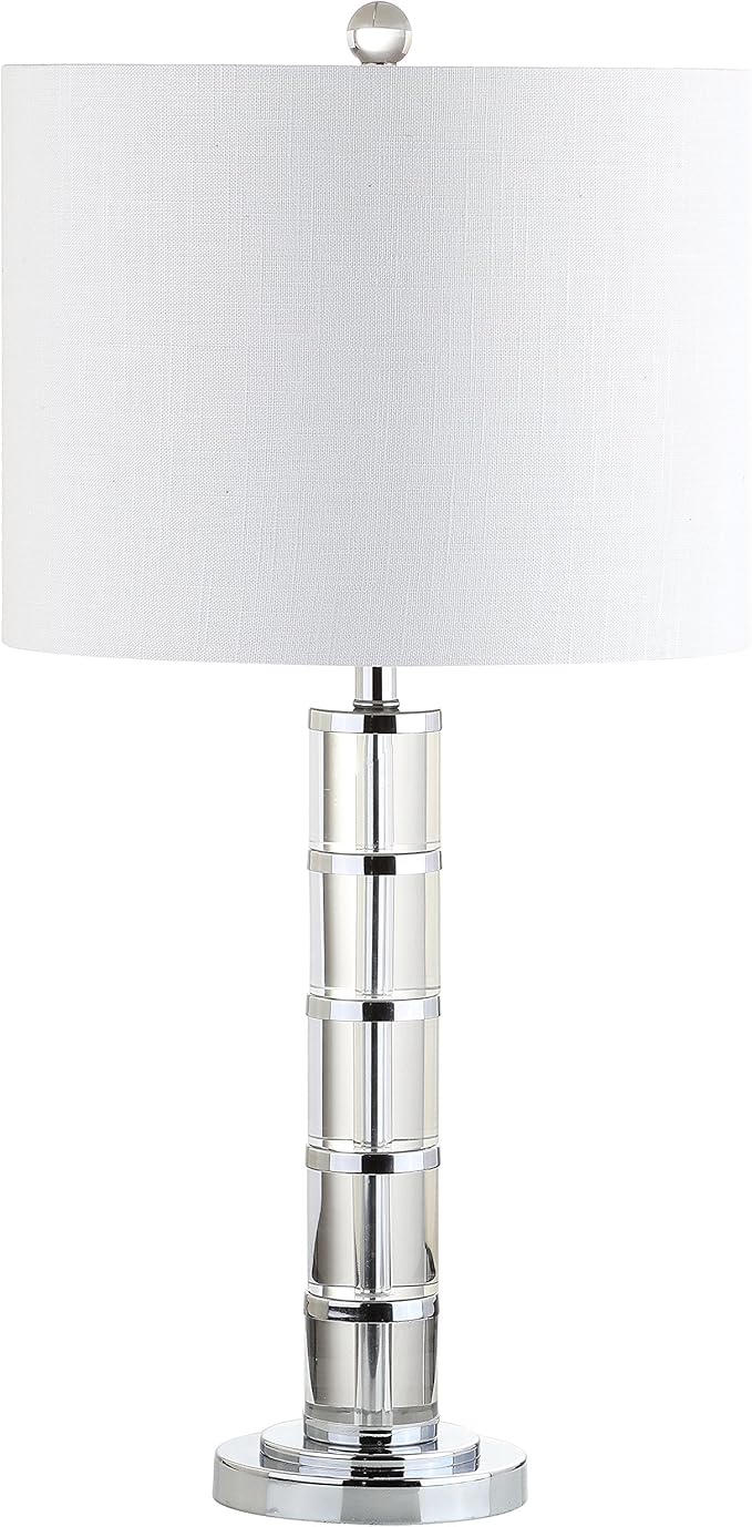JONATHAN Y 26" Clear Crystal and Chrome LED Table Lamp, Modern Glam Pillar Bedside Lamp with White Linen Drum Shade for Living Room Bedroom, LED Bulb Included JYL2053A