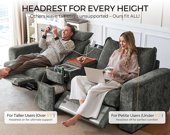 169.7" Oversized Modular Power Recliner Sofa with Headrest, Wall Hugger Cloud Reclining Couch, Drawer Charging Cup Holders, Deep 7-Seater Sectional with Corner and Storage Ottoman, Chenille, Grey