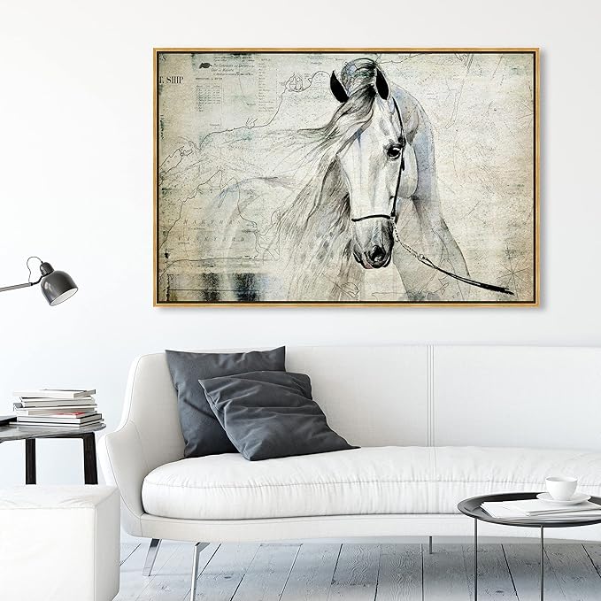 Country Farmhouse Canvas Print Painting Animal Wall Art 'Southern White Horse' Gold Framed Canvas Rustic Home Décor 54x36 in Gray, Brown by Oliver Gal
