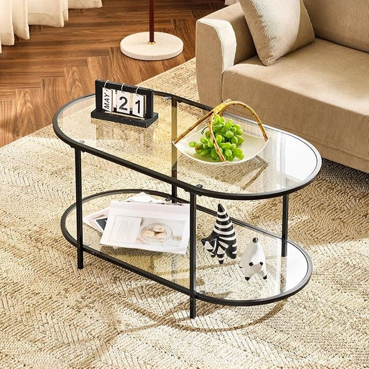 VINGLI Glass Coffee Table, 38" Oval Coffe Table for Home Decor, Modern Tea Table with 2-Tier Storage, Skinny Coffee Tables for Living Room, Office, Small Space, Black