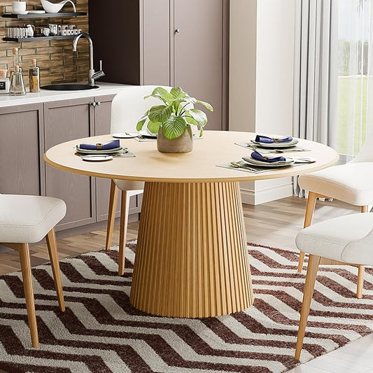 Casaphoria 52" Round Dining Table, Modern Wood Kitchen Table with Cone Grating Bar Base for Living Room & Dining Room, Easy Assembly Farmhouse Furniture for 4-6, Oak