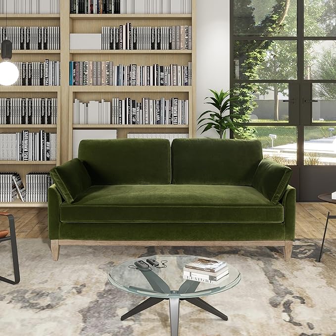 Jennifer Taylor Home Pasadena 75.5" Modern Living Room Farmhouse Performance Velvet Compact Sofa Couch for Small Spaces and Apartments in Olive Green