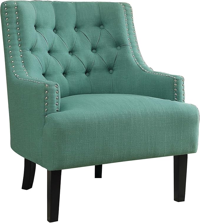 Homelegance Accent Chair, Chenille Upholstered Armchair, Sloped Arms, Button Tufted Cushion Back, Nailhead Trim, Solid Wood Legs, Single Sofa Chair for Living Room, Office, Bedroom, Teal