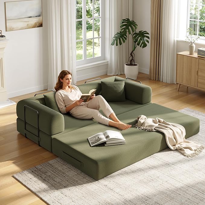 79in Convertible Sofa Bed, Corduroy Boneless Couch Bed, Futon Sleeper Sofa Pull Out Bed, Foldable Couch for Living Room Apartment, No Assembly Required