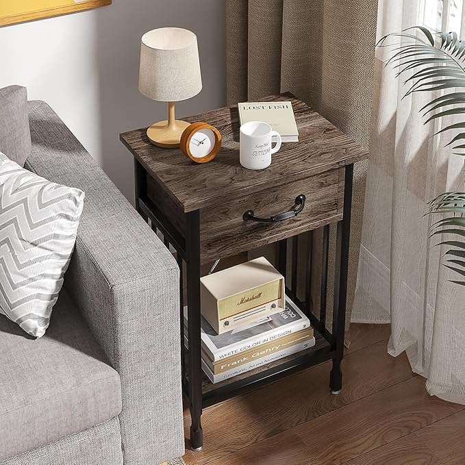 VECELO Night Stand Set 2 with Drawer and Storage Shelf,15.7x11.8x23.6 inches Bedside Table End Table,Wood Nightstands for Bedroom, Living Room,Sofa,Gray,2 Sets