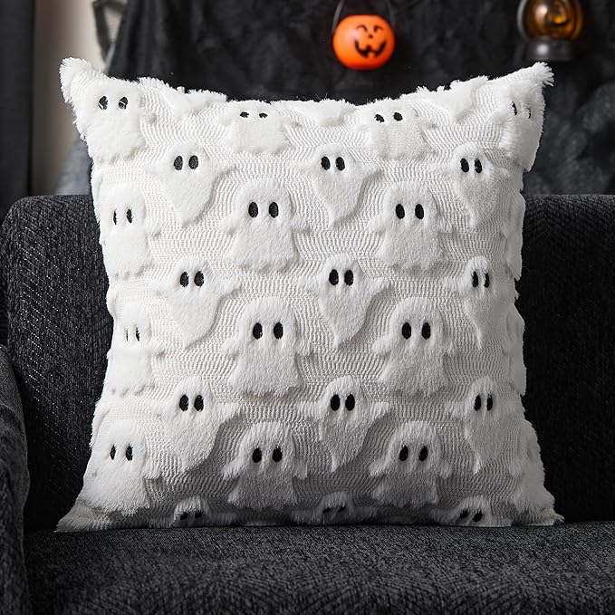 DFXSZ Halloween Pillow Covers 24x24 inch Set of 2 White Ghost Throw Pillow Cases Soft Plush Faux Fur Wool Couch Cushion Case for Chair Sofa Bedroom Living Room Home Decor PTK03A24