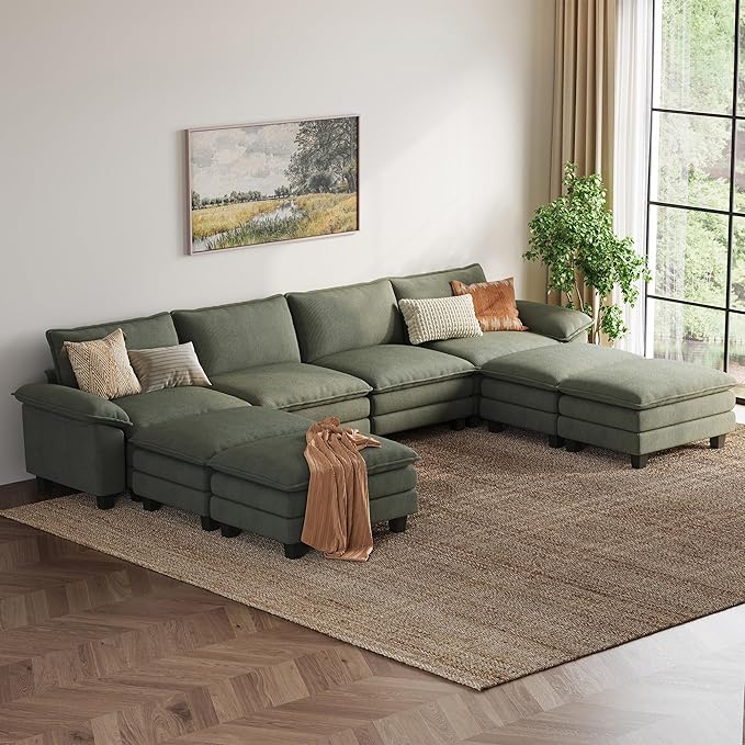 LINSY HOME Modular Sectional Sofa - 157 Inch Oversized Corduroy Cloud Couch with Movable Ottoman Soft Modern Comfy Sofa Set for Living Room Apartment Office (Green, 4-Seat & 4-Ottoman)