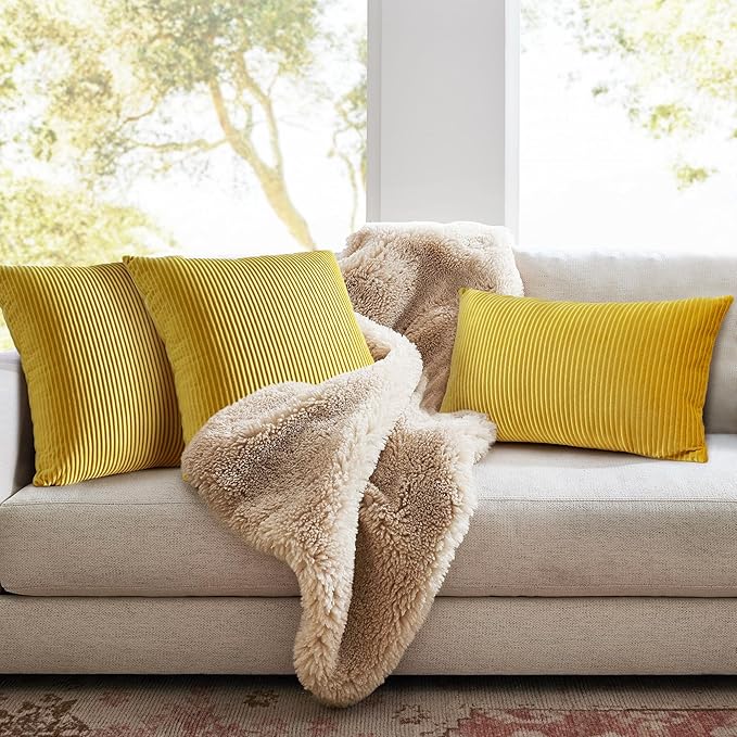 YCOLL Yellow 12x20 Pillow Cover Set of 2 Velvet Striped Pattern - Soft Throw Pillows for Home Decor, Luxury Decorative Pillow Covers for Couch, Bed,Living Room