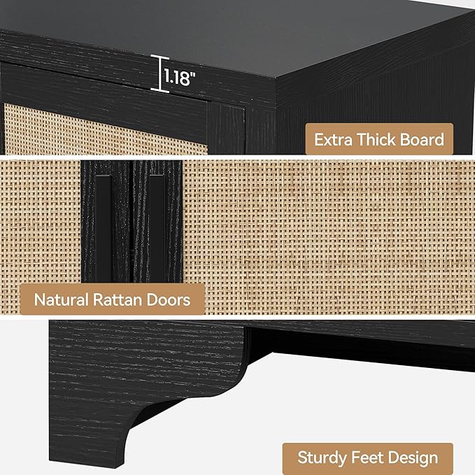 GarveeHome 4-Door Sideboard Buffet Cabinet, Natural Rattan Storage Cabinet, Boho Entryway Console Table, Coffee Bar Station for Dinning Room, Living Room, Kitchen, Black