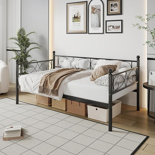 IDEALHOUSE Twin Size Daybed Frame, Metal Sofa Bed Frame, Heavy Duty Metal Slats, Day Bed for Living Room, Bedroom, Guest Room, Space Saving, Black