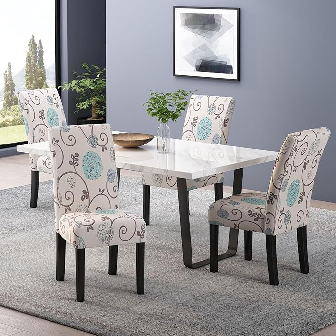 Evangeline Contemporary Fabric Dining Chairs (Set of 4), Light Beige with Blue Floral