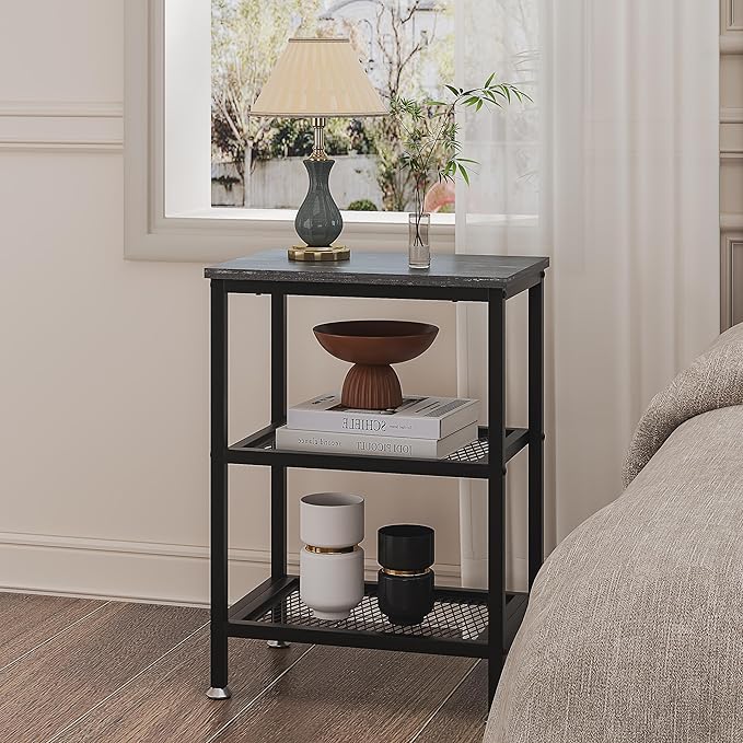 VECELO Tall End Side Tables, 30" Height Nightstand with 3-Tier Storage Shelf for Bedroom Living Room, Easy Assembly,Industrial Style, Carbon Grey
