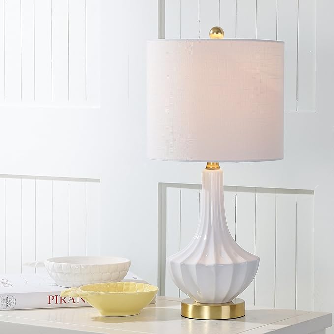 JONATHAN Y 21.5" White Ceramic Mini Table Lamp with Brass Accents, Modern Contemporary Fluted Design with White Linen Shade for Bedroom Living Room, LED Bulb Included JYL1030A