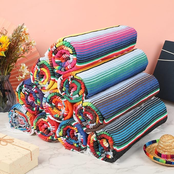 Tatuo 8 Pcs Large Mexican Blankets Bulk Authentic Mexican Serape Blanket Mexican Striped Throw Blanket Colorful Fiesta Beach Blanket Fringe Cotton Yoga Blanket for Home Office Outdoor Camping Picnic