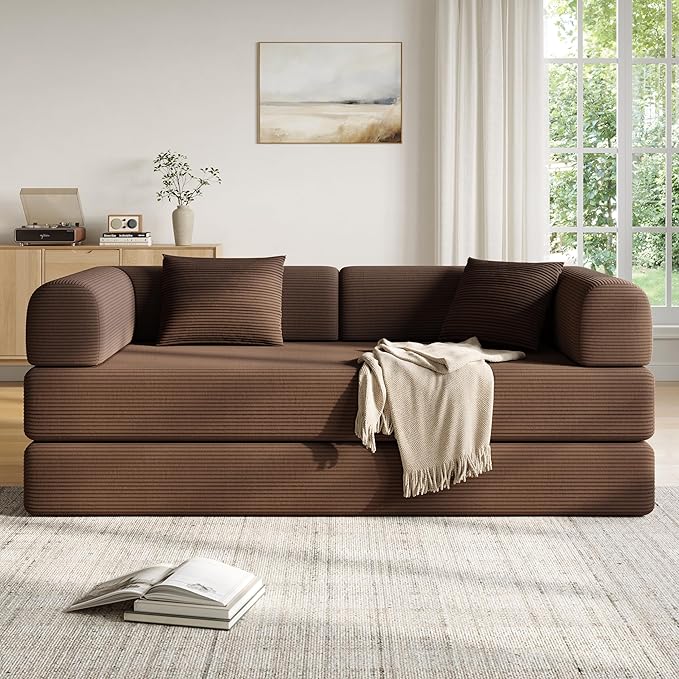 79in Convertible Sofa Bed, Corduroy Boneless Couch Bed, Futon Sleeper Sofa Pull Out Bed, Foldable Couch for Living Room Apartment, No Assembly Required