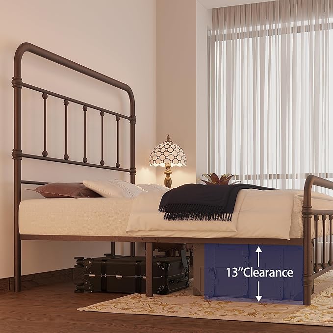 Queen-Bed-Frame with headboard Giselle-Vintage Antique-Metal - Platform Mattress Foundation,49 inch High,No Box Spring Needed(Brown)