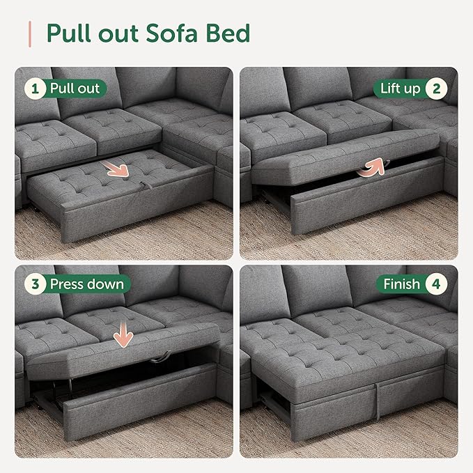 HONBAY Modular Sectional Sleeper Sofa with Pull Out Bed, Linen Convertible Sectional Couches for Living Room,Grey