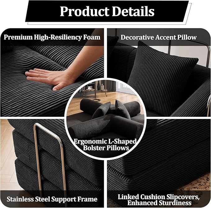 Convertible Compressed Corduroy Folding Cloud Sofa Bed, 59'' Modern Boneless Pull Out Loveseat Sleeper in a Box, 5 in 1 Floor Mattress Futon Cloud Couch, No Assembly Needed, Black, 2 Pillows, Queen