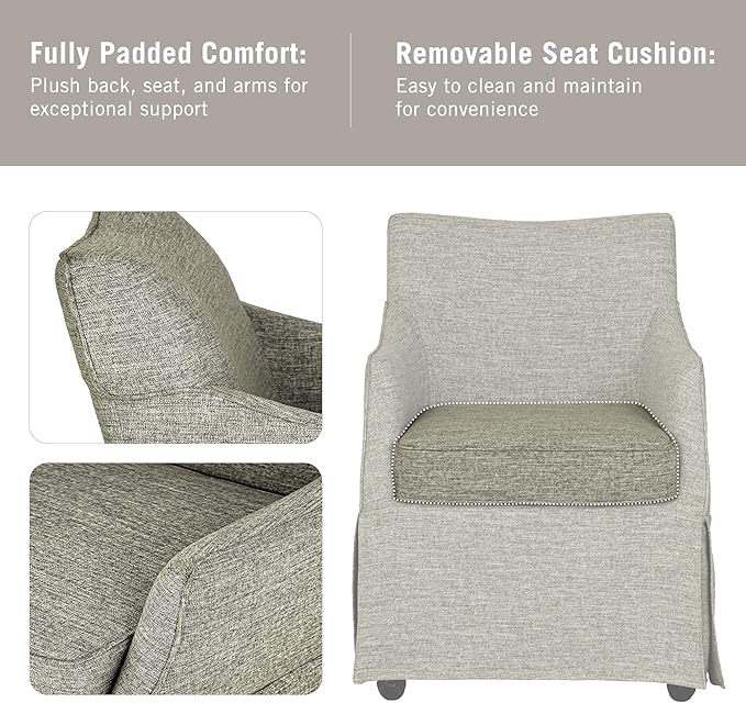 Martha Stewart London Dining Chair - Solid Wood & Plywood, Skirted Metal Base Accent Armchair, Lumbar Pillow -Modern Classic Family Dining Room Furniture 25" W x 26" D x 34" H, Grey
