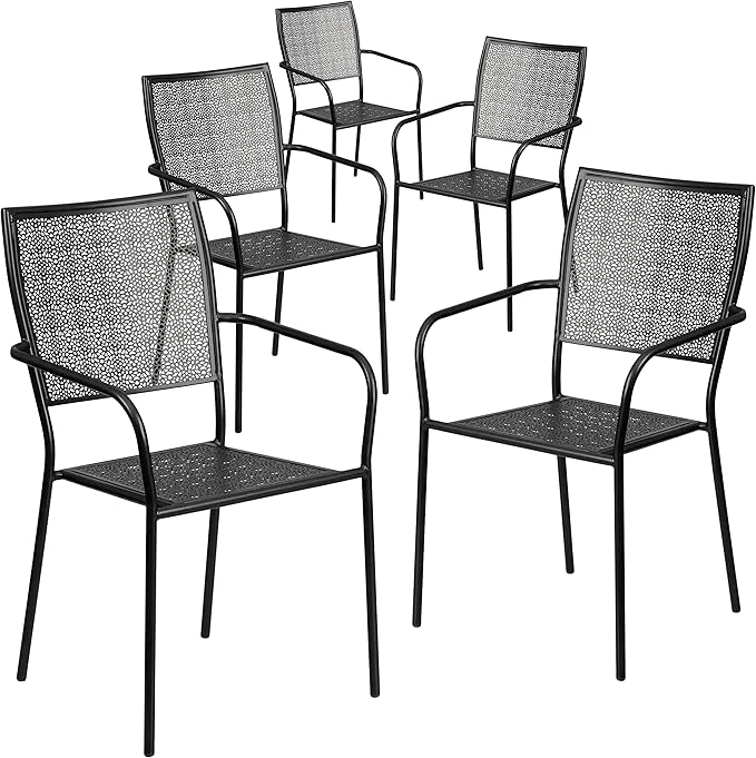Flash Furniture Oia Commercial Grade 5 Pack Black Indoor-Outdoor Steel Patio Arm Chair with Square Back