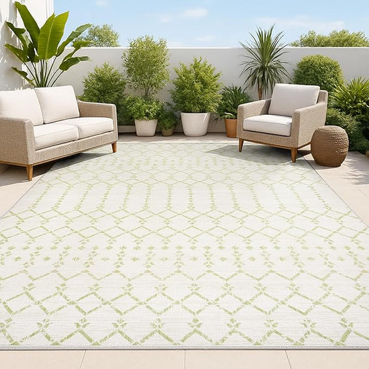 JONATHAN Y Moroccan Geometric Indoor Outdoor Area Rug 3X5 Cream/Green, Ourika Textured Weave for Backyard, Patio, Porch, Easy-Cleaning, High Traffic, Pet-Friendly, Non-Shedding (SMB108M-3)