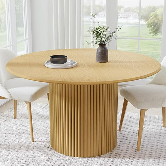 Casaphoria 52" Round Dining Table, Modern Wood Kitchen Table with Cylinder Stripe Base for Living Room & Dining Room, Easy Assembly Farmhouse Furniture for 4-6, Oak