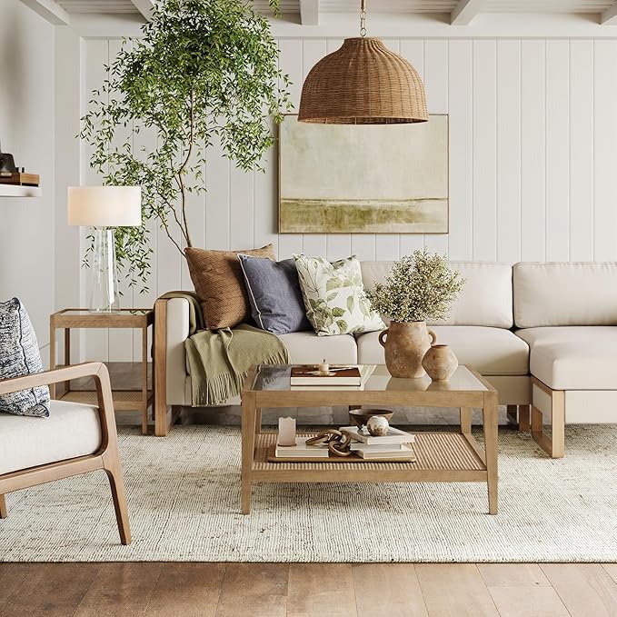 Nathan James Hayes Glass Top Coffee Table, Solid Wood Coffee Table with Glass Top and Rattan Bottom Shelf, Light Brown
