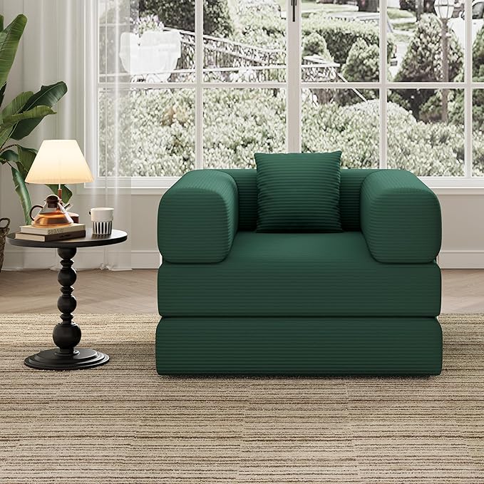 BSHOMGI Folding Sofa Bed, 2 in 1 Convertible Sofas to Lounger Comfy Single Bean Bag Chair Floor Portable Foldable Sleeper Lazy Futon Couch Chair for Bedroom, Living Room (Green, 35.43" Single Sofa)
