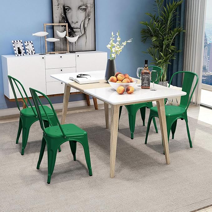Devoko Metal Indoor-Outdoor Chairs - Distressed Style Kitchen Dining Set of 4 Stackable Side Chairs with Back (Green)
